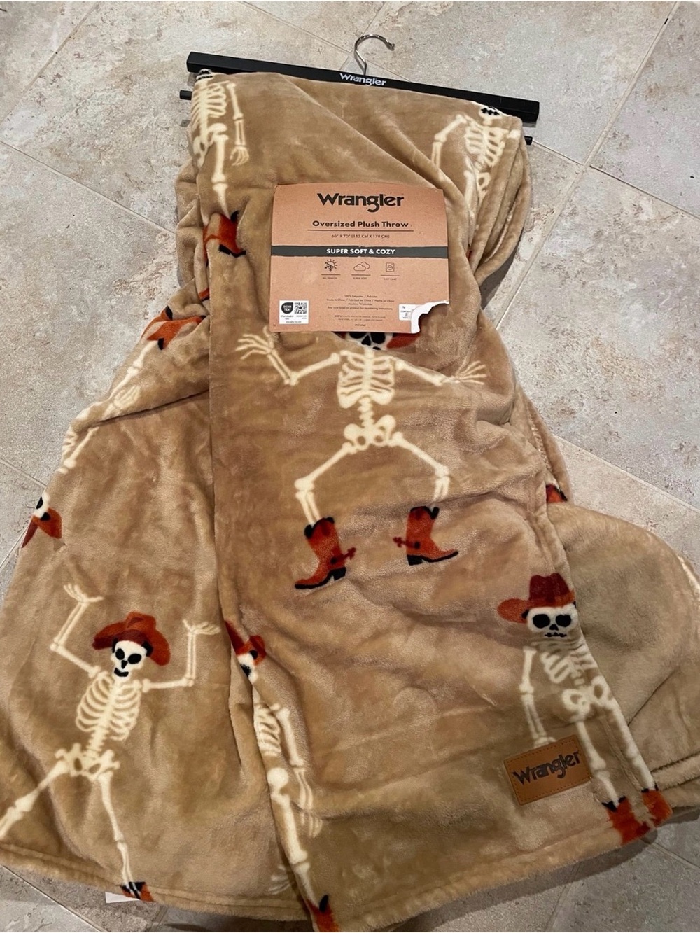 NWT Wrangler oversized Plush Blanket Halloween Cowboy Skeleton Pattern